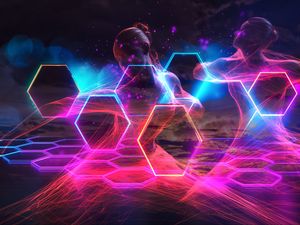 Preview wallpaper girl, hexagons, honeycomb, neon, transparent