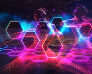 Preview wallpaper girl, hexagons, honeycomb, neon, transparent