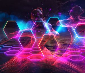 Preview wallpaper girl, hexagons, honeycomb, neon, transparent