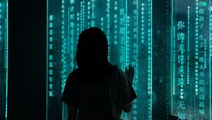 Preview wallpaper girl, hieroglyphs, inscription, neon, backlight