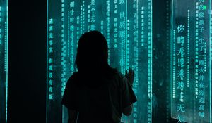 Preview wallpaper girl, hieroglyphs, inscription, neon, backlight