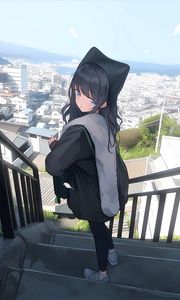 Preview wallpaper girl, home, buildings, city, stairs, anime