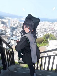Preview wallpaper girl, home, buildings, city, stairs, anime