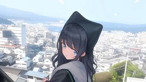 Preview wallpaper girl, home, buildings, city, stairs, anime