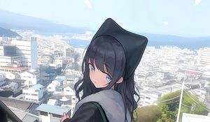 Preview wallpaper girl, home, buildings, city, stairs, anime