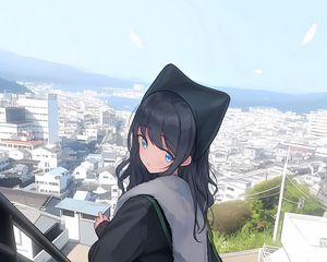 Preview wallpaper girl, home, buildings, city, stairs, anime