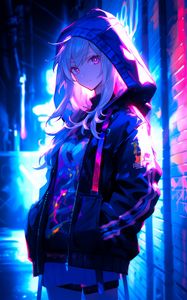 Preview wallpaper girl, hood, art, anime, street