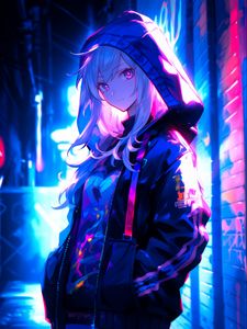 Preview wallpaper girl, hood, art, anime, street