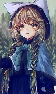 Preview wallpaper girl, hood, braids, rain, winter, anime