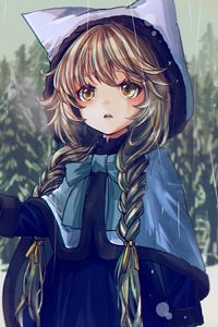 Preview wallpaper girl, hood, braids, rain, winter, anime
