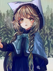 Preview wallpaper girl, hood, braids, rain, winter, anime