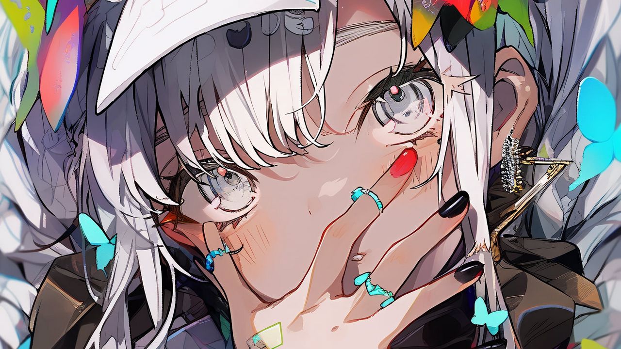 Wallpaper girl, hood, butterflies, manicure, jewelry, anime