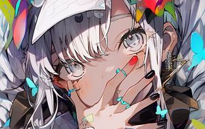 Preview wallpaper girl, hood, butterflies, manicure, jewelry, anime