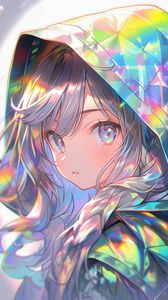 Preview wallpaper girl, hood, colorful, iridescent, anime