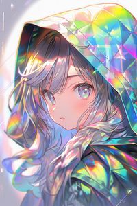 Preview wallpaper girl, hood, colorful, iridescent, anime