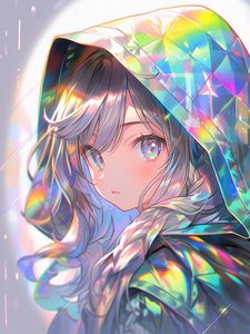 Preview wallpaper girl, hood, colorful, iridescent, anime