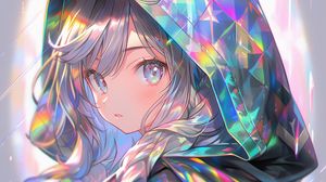 Preview wallpaper girl, hood, colorful, iridescent, anime