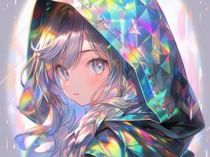 Preview wallpaper girl, hood, colorful, iridescent, anime