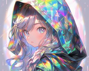 Preview wallpaper girl, hood, colorful, iridescent, anime