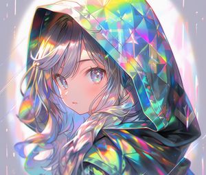 Preview wallpaper girl, hood, colorful, iridescent, anime