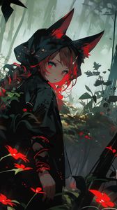 Preview wallpaper girl, hood, ears, forest, flowers, dark, anime