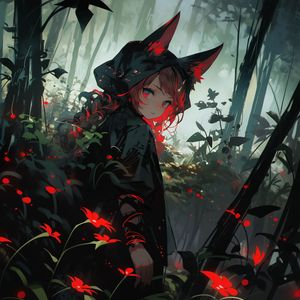 Preview wallpaper girl, hood, ears, forest, flowers, dark, anime