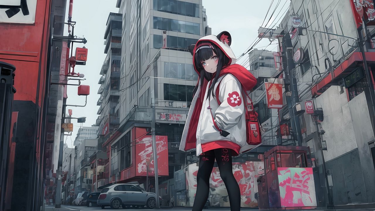 Wallpaper girl, hood, ears, sneakers, street, anime