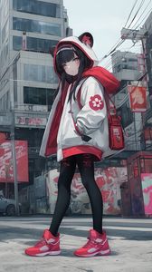 Preview wallpaper girl, hood, ears, sneakers, street, anime