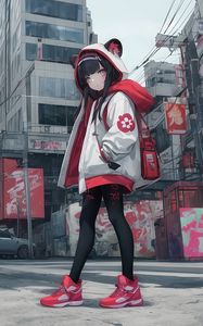Preview wallpaper girl, hood, ears, sneakers, street, anime