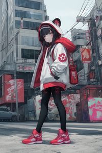 Preview wallpaper girl, hood, ears, sneakers, street, anime