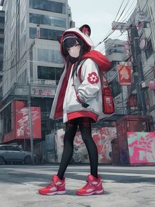 Preview wallpaper girl, hood, ears, sneakers, street, anime