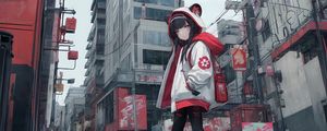 Preview wallpaper girl, hood, ears, sneakers, street, anime