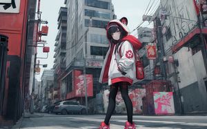 Preview wallpaper girl, hood, ears, sneakers, street, anime