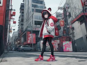 Preview wallpaper girl, hood, ears, sneakers, street, anime