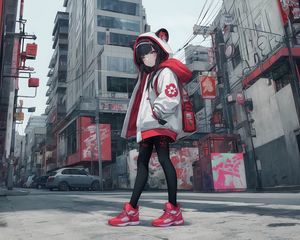 Preview wallpaper girl, hood, ears, sneakers, street, anime