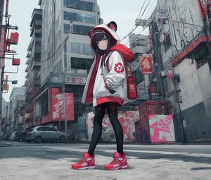 Preview wallpaper girl, hood, ears, sneakers, street, anime