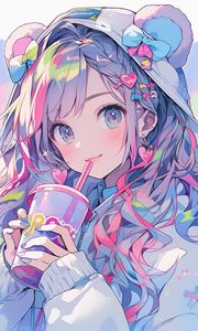 Preview wallpaper girl, hood, ears, drink, smile, anime