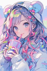 Preview wallpaper girl, hood, ears, drink, smile, anime