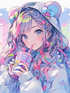 Preview wallpaper girl, hood, ears, drink, smile, anime