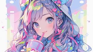 Preview wallpaper girl, hood, ears, drink, smile, anime