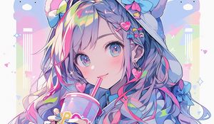 Preview wallpaper girl, hood, ears, drink, smile, anime