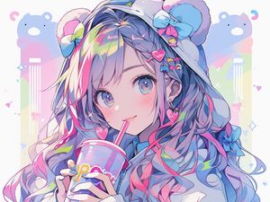 Preview wallpaper girl, hood, ears, drink, smile, anime