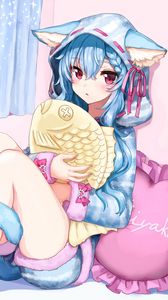 Preview wallpaper girl, hood, ears, fish, toy, anime
