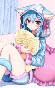 Preview wallpaper girl, hood, ears, fish, toy, anime