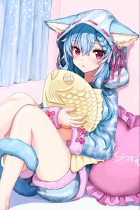 Preview wallpaper girl, hood, ears, fish, toy, anime