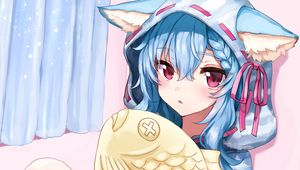 Preview wallpaper girl, hood, ears, fish, toy, anime