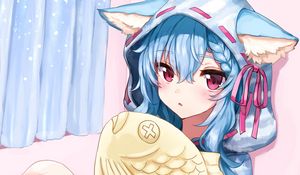 Preview wallpaper girl, hood, ears, fish, toy, anime