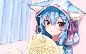 Preview wallpaper girl, hood, ears, fish, toy, anime