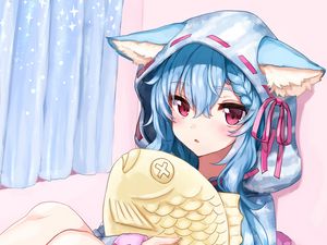 Preview wallpaper girl, hood, ears, fish, toy, anime