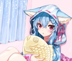 Preview wallpaper girl, hood, ears, fish, toy, anime